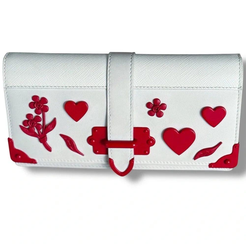 Prada Cahier Wallet On Chain Valentine Heart Applique White Saffiano Red